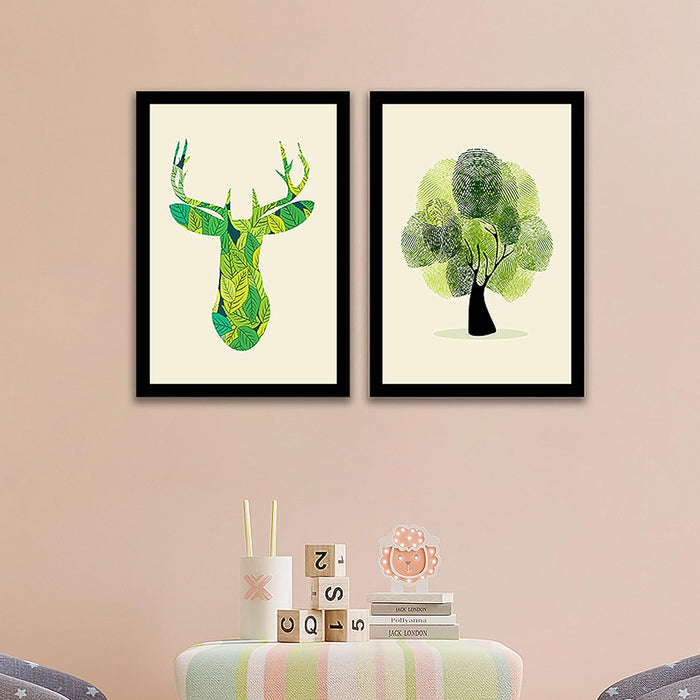 Abstract Tree Geomatric Reindeer Framed Art Print for Home, Kids Room Decoration (Set of 2, 9.4 x 12.9 Inches)