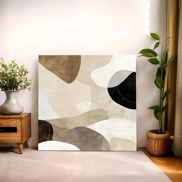 Large Framed Neutral Abstract Wall Art Painting For Living Room, Modern Minimalist Stretched Canvas Poster in Earth Tones, Geometric Shapes for Living Room, Office & Home Decor (56xx56 cm)