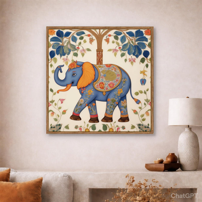 Traditional Madhubani Elephant Framed Painting For Living Room | Indian Folk Elephant Tree Large Canvas Painting With Frame Wall Art For Bedroom, Hallway's, Office, Hotel, Size 58x58 cm