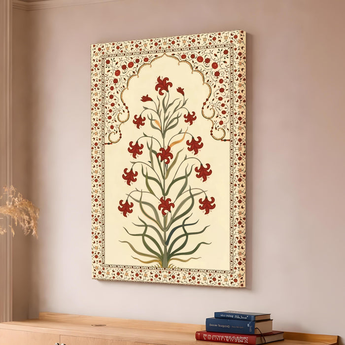 Madhubani Floral Jharokha Stretched Canvas Painting For Living Room | Mughal Garden Stretched Canvas Wall Art For Livingroom Home Decor, Bedroom, Hallway's, Office, Hotel - 56x86 cm