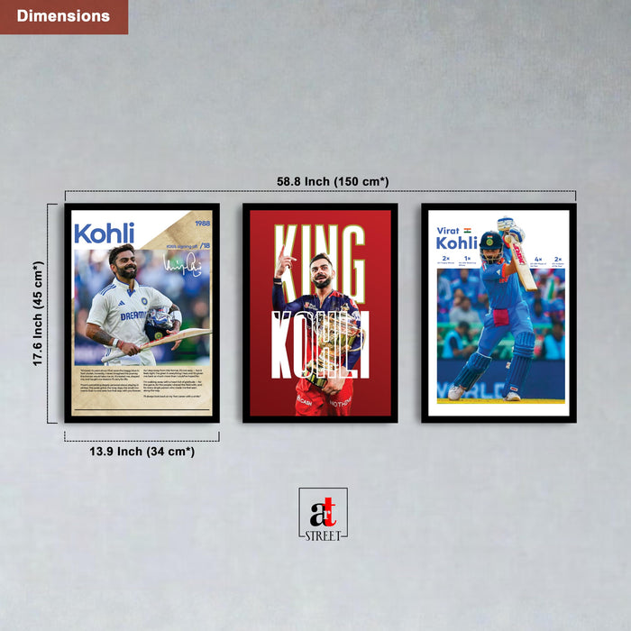 Virat Kohli Framed Wall Poster | Indian Cricket Legend Wall Art | Premium Sports Decor for Living Room, Bedroom & Office For Home Decor (13.9 Inch x 17.6 Inch, Set of 3)