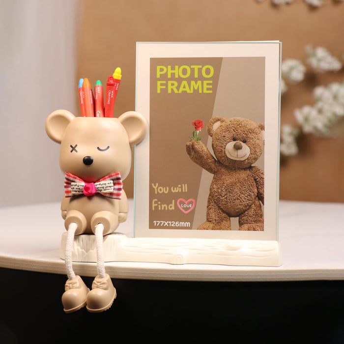 Kid's Photo Frame Creative Cute Teddy Bear with Pen Holder Stand and High Definition Glass for Table Stand Table Top Picture Frames Suits For Kid's Room, Table 12x17 cm