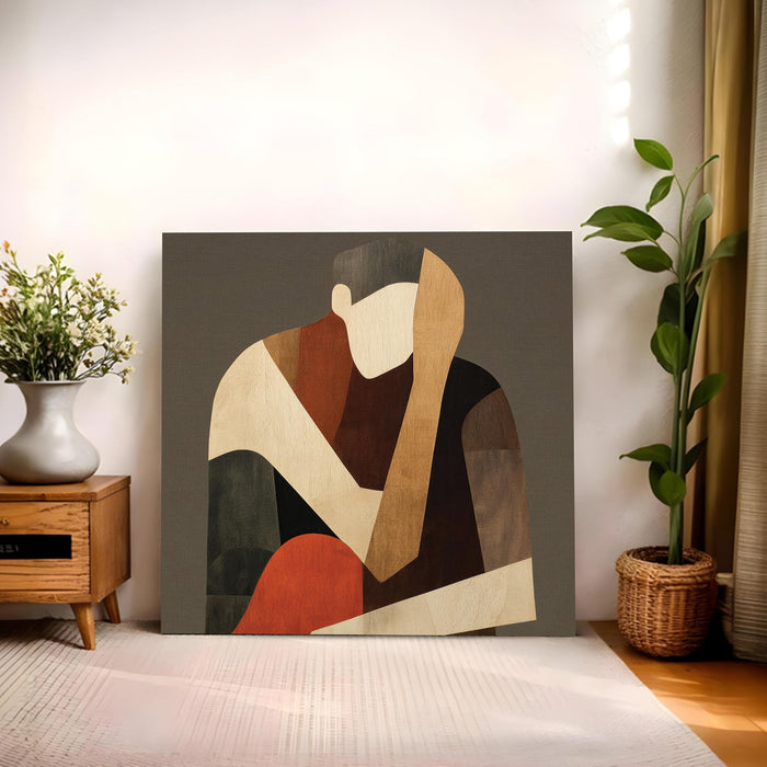 Abstract Stretched Canvas Wall Art Painting for Living Room, Modern Minimalist Figurative Painting, Mid-Century Boho Decor in Earthy Terracotta & Brown for Living Room, Office & Studio (56xx56 cm)