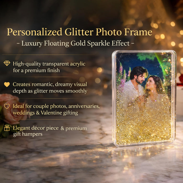 Golden Glitter Magnetic Photo Frame, Customized Photo Magnet, Sparkling Glitter Fridge Magnet, Valentine’s Day Gift, Magnetic Photos Holder for Kitchen, Office, Locker, Art Street 2.5x3.5 Inch