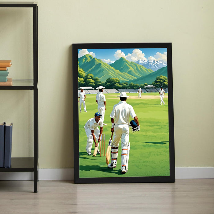 Art Street Framed Wall Hanging Art Print of Cricket Player on Field Sports Poster For Home Decor, Living Room, Hotel and Office Decor,  (12.7X17.5 Inch)