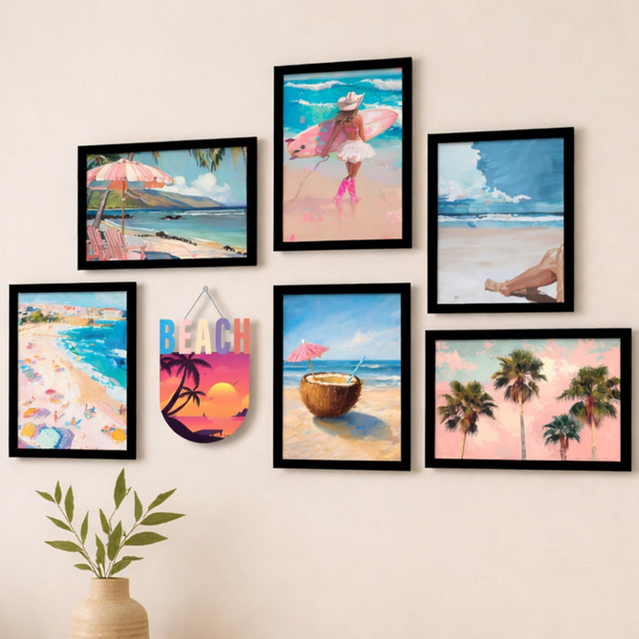 PAINTINGMANTRA Beach Theme Framed Wall Art Set of 7 (1 MDF wall Hanging) – Coastal Ocean Prints, Palm Trees & Summer Vibes | Modern Framed Paintings for Living Room, Bedroom, Home Decor, 9x13 Inch