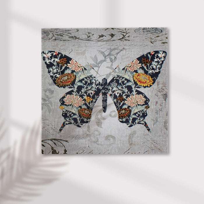 Gray and Black Butterfly Floral Art Print, Floral Large Decorative Canvas Modern Art Paintings.