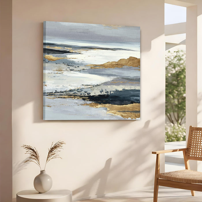 Abstract Gold Foil Mountain Landscape Wall Art Painting For Living Room, Modern Grey & Navy Textured Stretched Canvas Painting, Contemporary Japandi for Living Room, Office & Home (56xx56 cm)