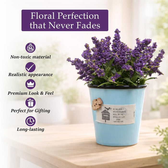 Ceramic Flower Pot with Artificial Purple Flowers | Decorative Tabletop Planter