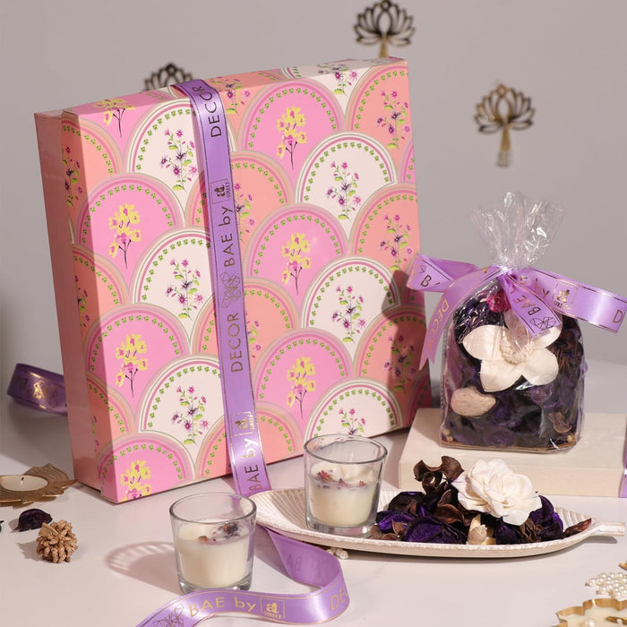 Diwali Gift Hamper Box with Mogra Scent Potpourri, Glass Candle and Tray, Friends and Relatives (Pack of 4)