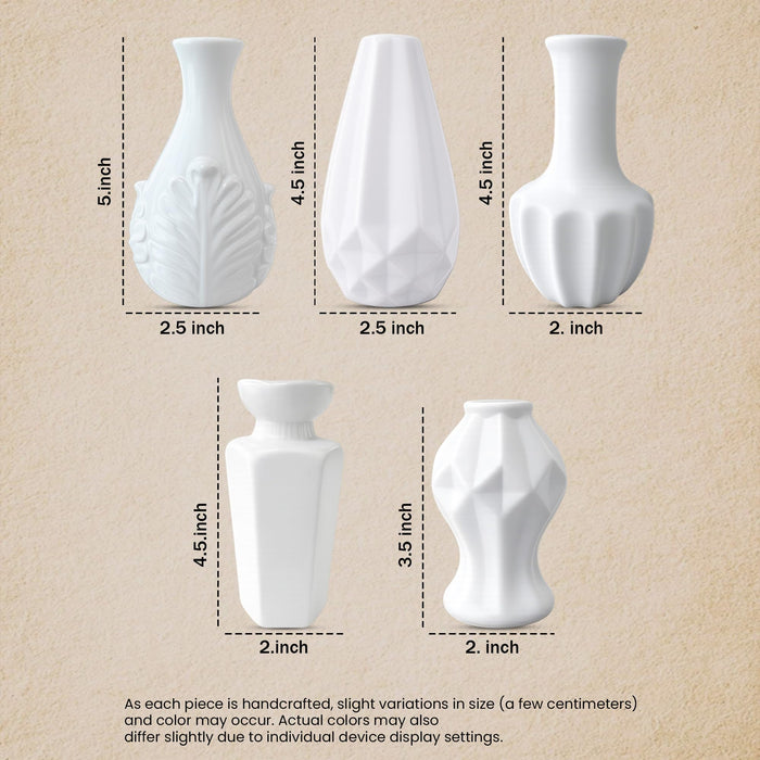 Set of 5 White Ceramic Decorative Vases for Home Decor | Modern Minimal Flower Vase Set for Living Room, Bedroom, Table & Gift