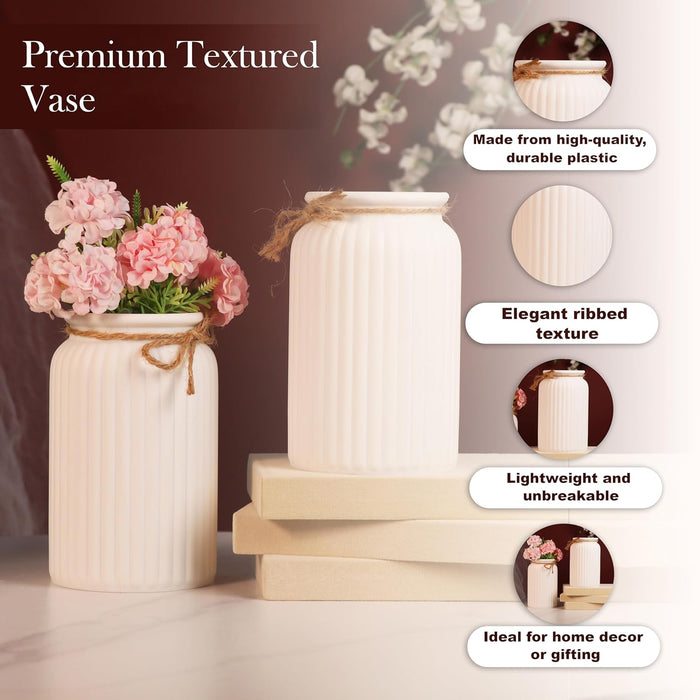 Beautiful Flower Vases PVC Pot for Plants Stand Elegant Ribbed Texture White Vase Made of Durable Plastic PVC Height - 15 cm