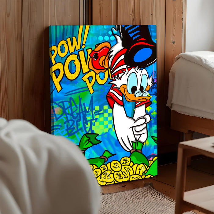 Pop Art Cartoon Duck Money Wall Painting | Comic Graffiti Style Stretched Canvas Art Print| Modern Street Wall Art for Home & Office, 56x86 cm