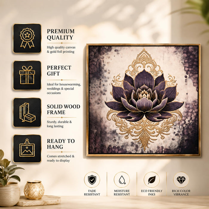 Vastu Lotus Gold Foil Canvas Painting For Living Room | Premium Golden Textured Abstract Floral Canvas Wall Art with Frame for Home Wall, Decoration Item for Pooja Room, Home 23x23 Inch