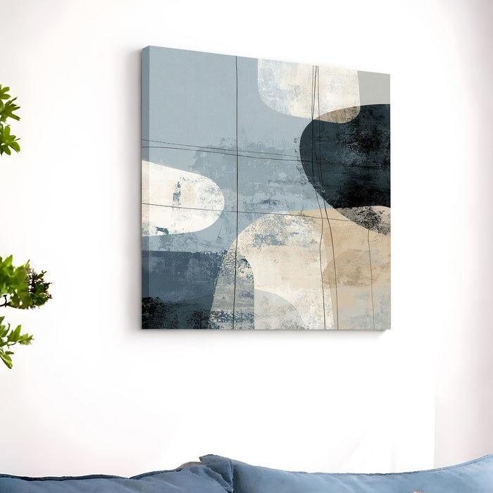 Modern Abstract Stretched Canvas Wall Art Painting For Living Room, Minimalist Navy Blue, Geometric Shapes Painting, Large Neutral Home Decor for Living Room & Office (56xx56 cm)