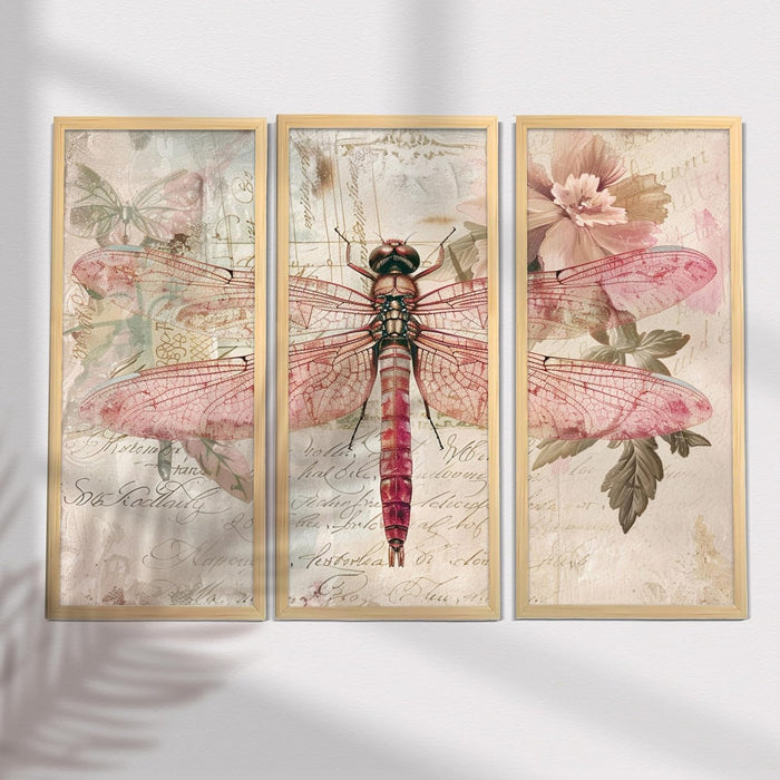 Dragonfly Floral Dictionary Wall Art Painting for Home, Engineered Wood Frame Stylish Large Wall Art Print (Set of 3, 8x18 Inch)