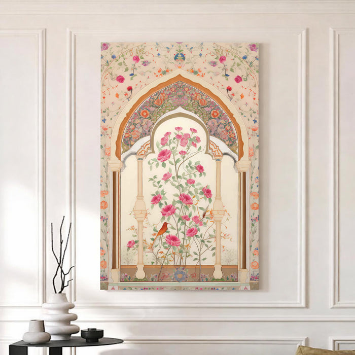 Mughal Rose Garden Stretched Canvas Painting For Living Room | Madhubani Royal Jharokha Stretched Canvas Wall Art For Livingroom Home Decor, Bedroom, Hallway's, Office, Hotel - 56x86 cm