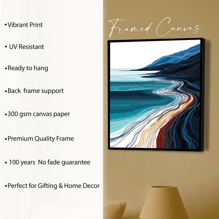 Abstract Ocean Coastline Framed Painting For Living Room | Modern Coastal Seascape Large Canvas Painting With Frame Wall Art For Bedroom, Hallway's, Office, Hotel, Size 58x58 cm