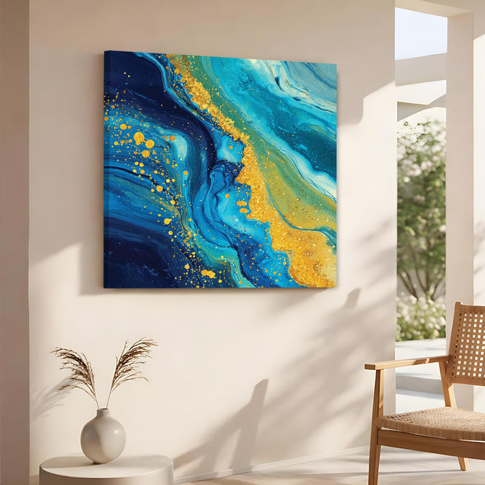 Abstract Blue & Gold Marble Wall Art Painting For Living Room, Modern Fluid Ink Stretched Canvas Painting with Gold Foil Splatter, Contemporary Decor for Living Room, Home & Office (56xx56 cm)