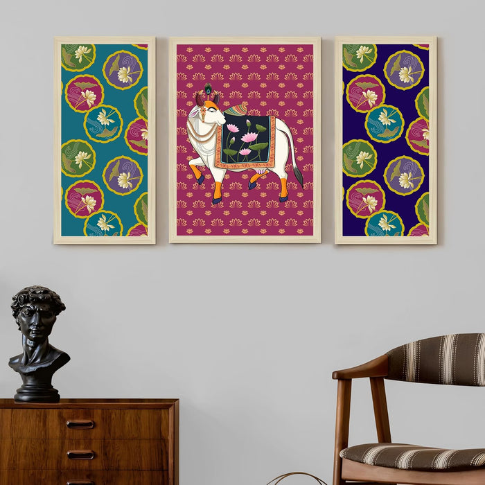 Pichwai Framed Wall Art Painting Home Décor Pack Of 3 | Digital Scenery Painting with Frame, Set Of 3, 22x46 cm, 33x44 cm