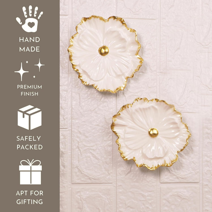 Pack of 2 White and Golden Floral Shape Ceramic Wall Decor Plates Handmade Round Floral Wall Hanging Decorative Items – 14x14 cm