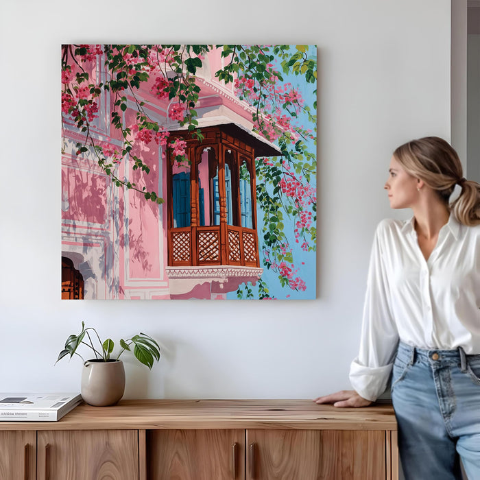 Traditional Indian Architecture & Pink Bougainvillea Floral Painting For Living Room, Jaipur Balcony Stretched Canvas Wall Art, Modern Boho for Living Room, Office & Home Decor (56xx56 cm)