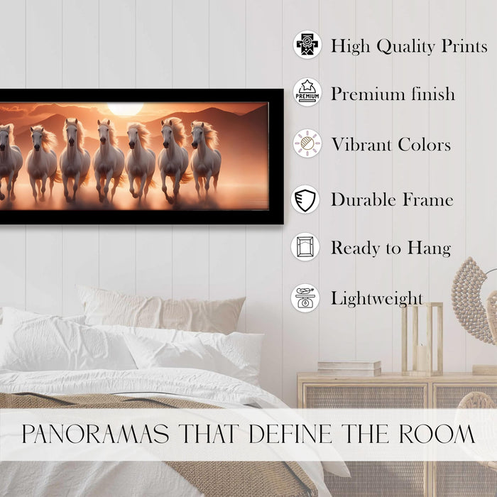 PAINTINGMANTRA Running Horse Vastu Modern Wall Art Framed Luxury Paintings for Home Decoration, Living room, Bedroom and Office Decoration (99x38 CM)