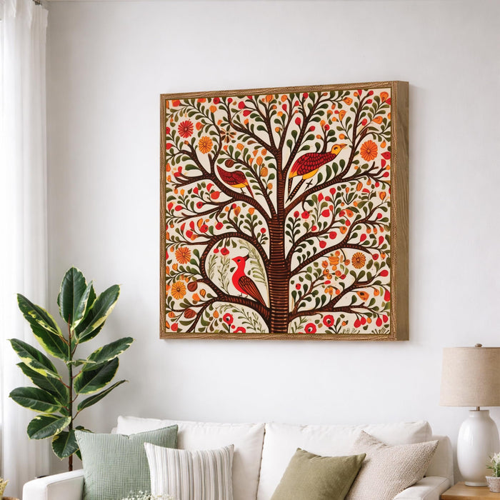 Madhubani Tree of Life Framed Painting For Living Room | Indian Folk Tree and Birds Large Canvas Painting With Frame Wall Art For Bedroom, Hallway's, Office, Hotel, Size 58x58 cm
