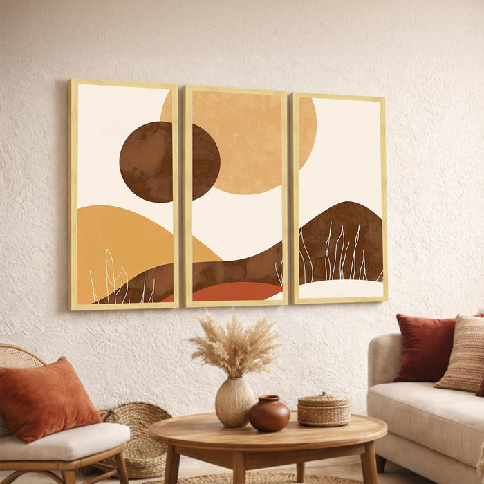 Abstract Landscape Framed Wall Art Set of 3 | Modern Boho Geometric Wall Décor | Engineered Wood Frame Prints for Living Room, Bedroom & Office, 8.9x18.9 Inch