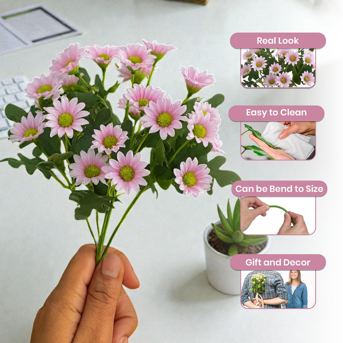 Art Street Artificial Pink Flowers Bunch |Daisy Flowers for Home | Living Room, Valentine Day Décor |Christmas Day, New Year Gift, 7 Head 21 Flowers| Pack of 2|Size 13 INCH, (Without Vase)