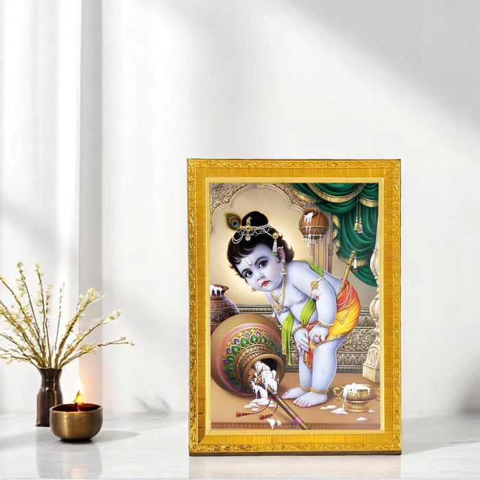 Lord Little Krishna with Makhan Photo Frame for Mandir, Pooja Room | Divine Hindu Deity Wall Art (10x13 Inch)