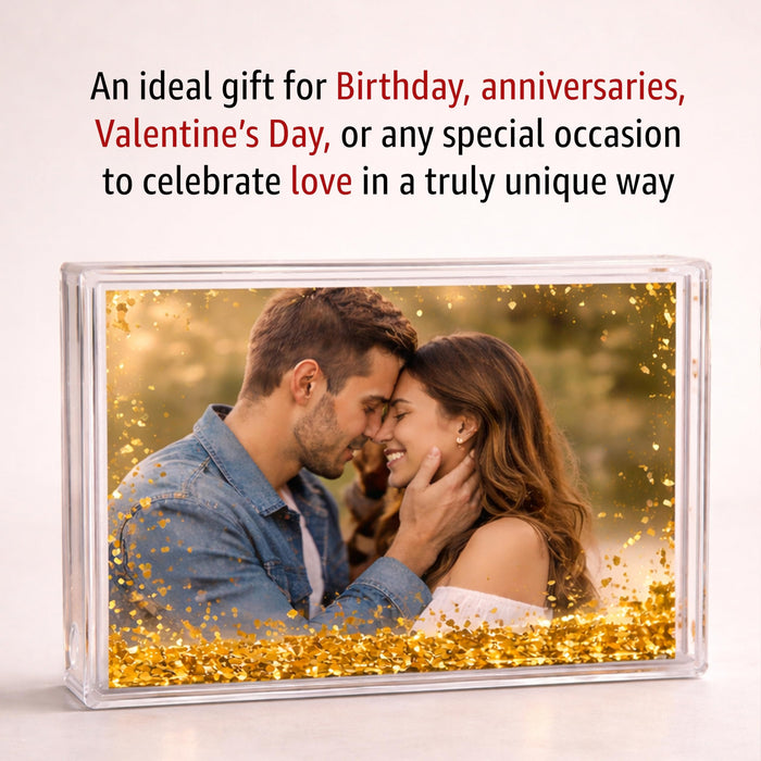 Art Street Customized Golden Glitter Liquid Photo Frame, Desktop Table Frame with Floating Glitter, Acrylic Water Frames for Valentine's Day Gift, Anniversary, Couple Photo Display, 4.2x6 Inch