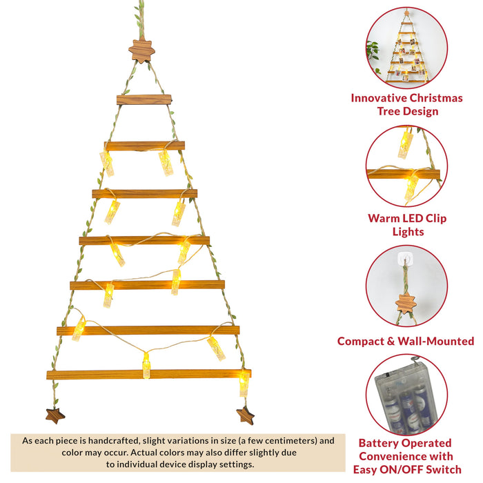 Wall Hanging Christmas Tree Photo Holder with 12 Warm LED Clip Lights Wooden Photo Hanger 46x94 cm