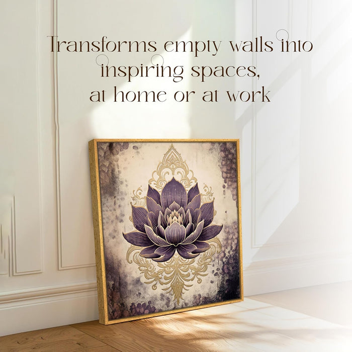 Multicolor Abstract Canvas Purple Lotus Indian Folk Wall Art Painting – Beige Purple Gold Gallery Wrap Canvas Wall Décor.