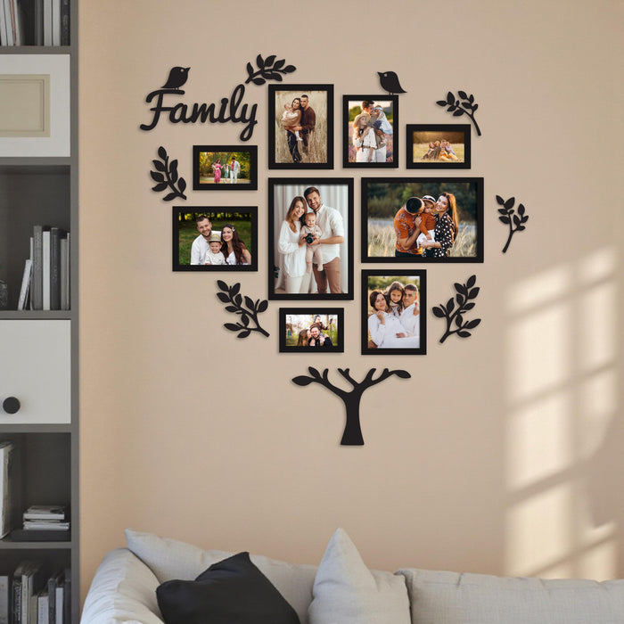 Family Tree Wall Photo Frame Set Pack of 9 with 10 MDF Cutouts for Home Decoration Wall Photo Frame Collage for Living Room Bedroom