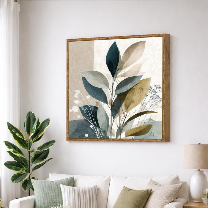 Abstract Botanical Leaf Framed Painting For Living Room | Modern Nature Leaves Large Canvas Painting With Frame Wall Art For Bedroom, Hallway's, Office, Hotel, Size 58x58 cm
