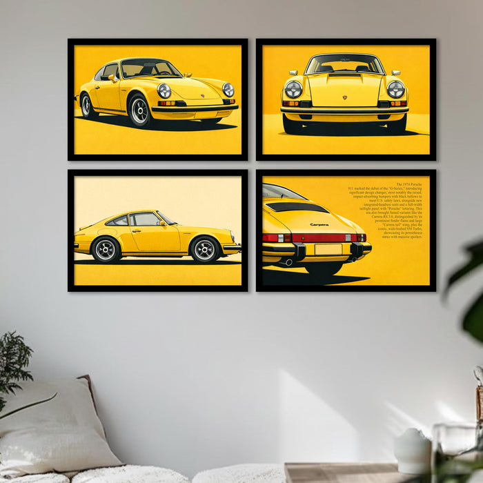 Porsche 911 Classic Framed Wall Art Painting Set of 4 | Retro Yellow Sports Car Illustration Prints for Living Room, Office & Studio Décor, 23x32 cm