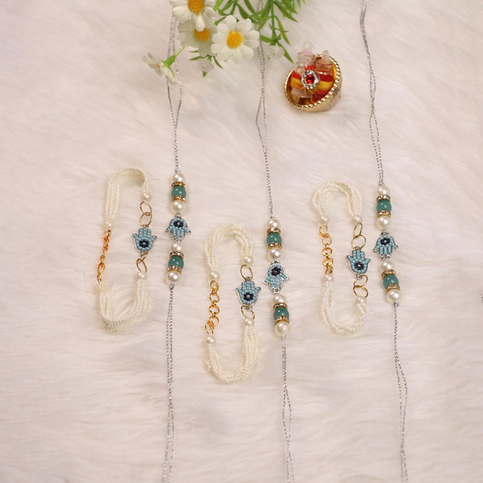 Rakhi Set for Brother and Bhabhi Premium Hand shape Rakhi with Roli and Chawal for Raksha Bandhan (Set of 3)