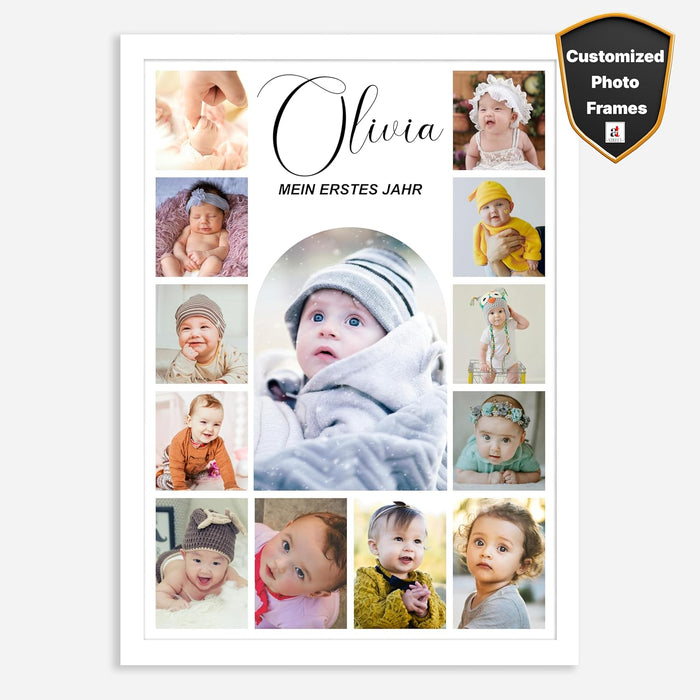 SNAP ART Personalised & Customized Baby Collage Photo Frame with Baby Name & 13 Photo Print with Framed (White, 12x16 Inch)