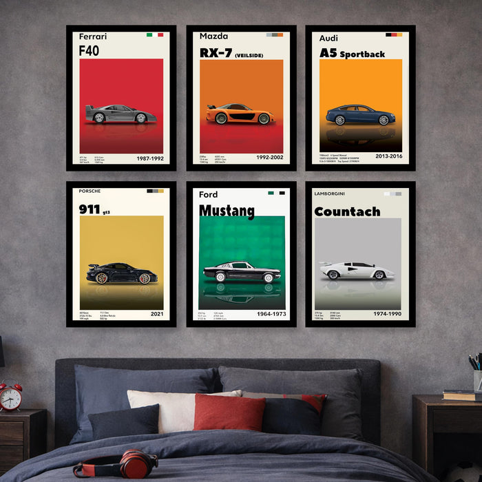 Iconic Car Painting With Frame for living room, Sports Car Framed Wall Art Painting for Home Decor Set of 6, Size 13 by 9 Inch