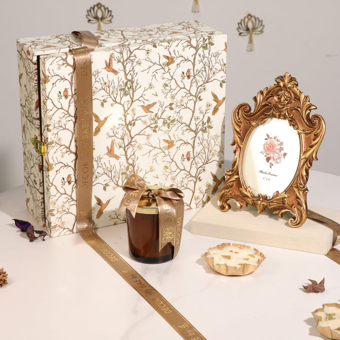 Diwali Gift Hamper with Vintage Photo Frame and Mogra Scent Candle and Urli Diya, Friends and Relatives (Pack of 3)