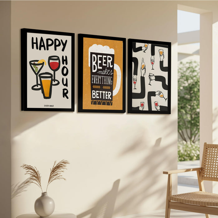 Bar and Beer Retro Graphic A3 Framed Poster for Living Room With Frame, “Happy Hour” Retro Framed Posters for Home Decor Bar Pub Lounge Dining area restaurant Hotel Set of 3, Size 33x45 cm