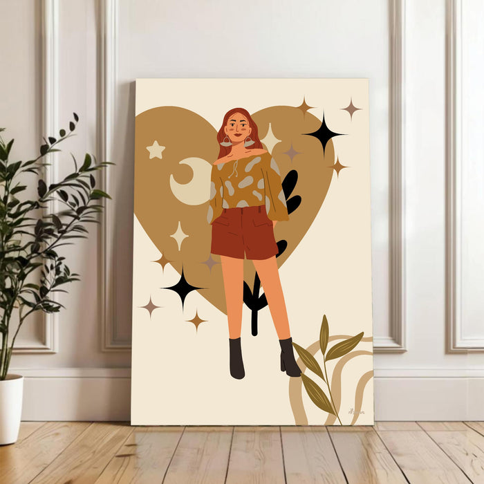 Abstract Heart and Female Stretched Canvas Wall Art Modern Boho Illustration Painting for Home & Office Wall Decor, (16x22 Inch)