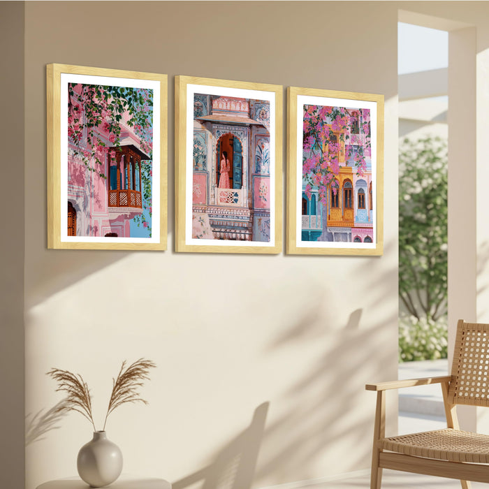 Abstract Indian Traditional A3 Framed Poster for Living Room With Frame, Women's Day Gift Abstract Architecture Framed Posters for Home Decor Bedroom Hallways Office Hotel Set of 3, Size 33x45 cm