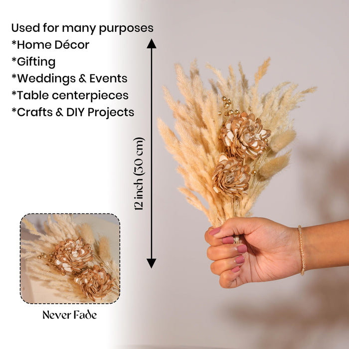 Art Street White Ceramic Decorative Vase with Pampas Grass & Golden Wood Flowers | Minimalist Table Decor | Aesthetic Home Decoration for Living Room, Bedroom, Entryway | Dried Flower Arrangement Set