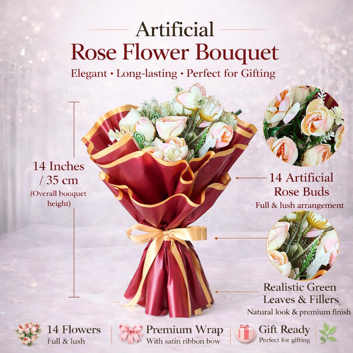 Art Street Artificial Rose Bouquet, Light Pink Flower Arrangement, Handmade Fabric Flowers for Valentine's Day Gift, Birthday, Anniversary, Romantic Gift for Women, Men, Home Decor, Couple, 35 cm