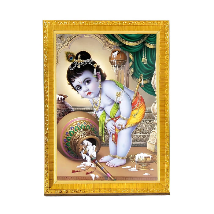 Lord Little Krishna with Makhan Photo Frame for Mandir, Pooja Room | Divine Hindu Deity Wall Art (10x13 Inch)