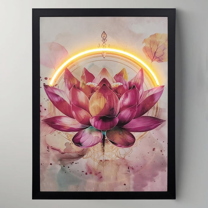 LED Lotus Flower Wall Art Print with Wooden Frame, Feng Shui Vastu Wall Decor, Lotus Painting with LED Light - 43x58 cm