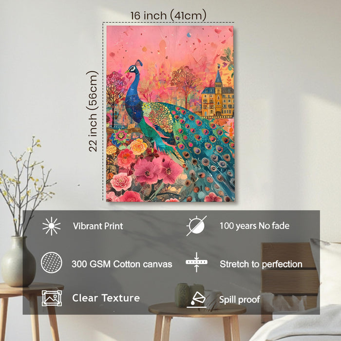 Peacock with Flower Vastu Wall Painting | Stretched Canvas Flower Wall Painting for Living Room, Bedroom, Home and Office Wall Décor (41x56 cm)