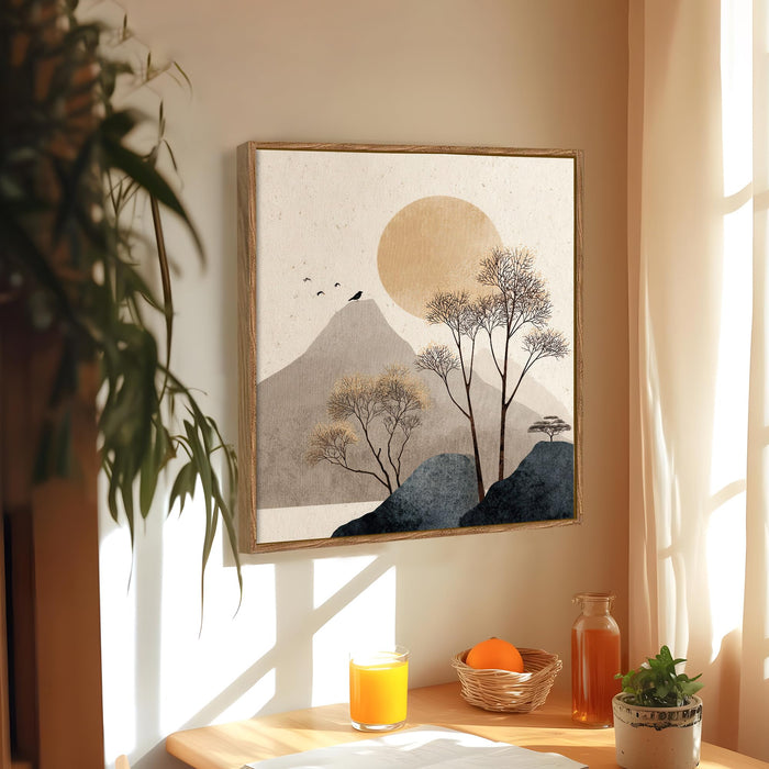 Boho Mountain Sun Landscape Framed Painting For Living Room | Japandi Abstract Landscape Large Canvas Painting With Frame Wall Art For Bedroom, Hallway's, Office, Hotel, Size 58x58 cm